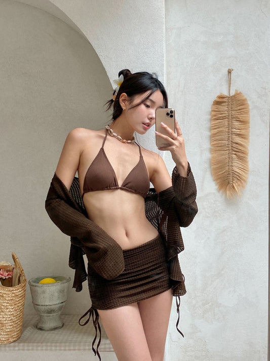 Chocolate Ribbed Bikini Set With Cover Up