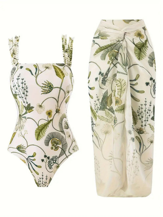 Tropical Green Leaf Print Monokini with Sarong
