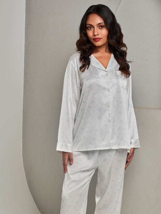 White Ice Silk Soft Shirt and Pants Sleepwear Set