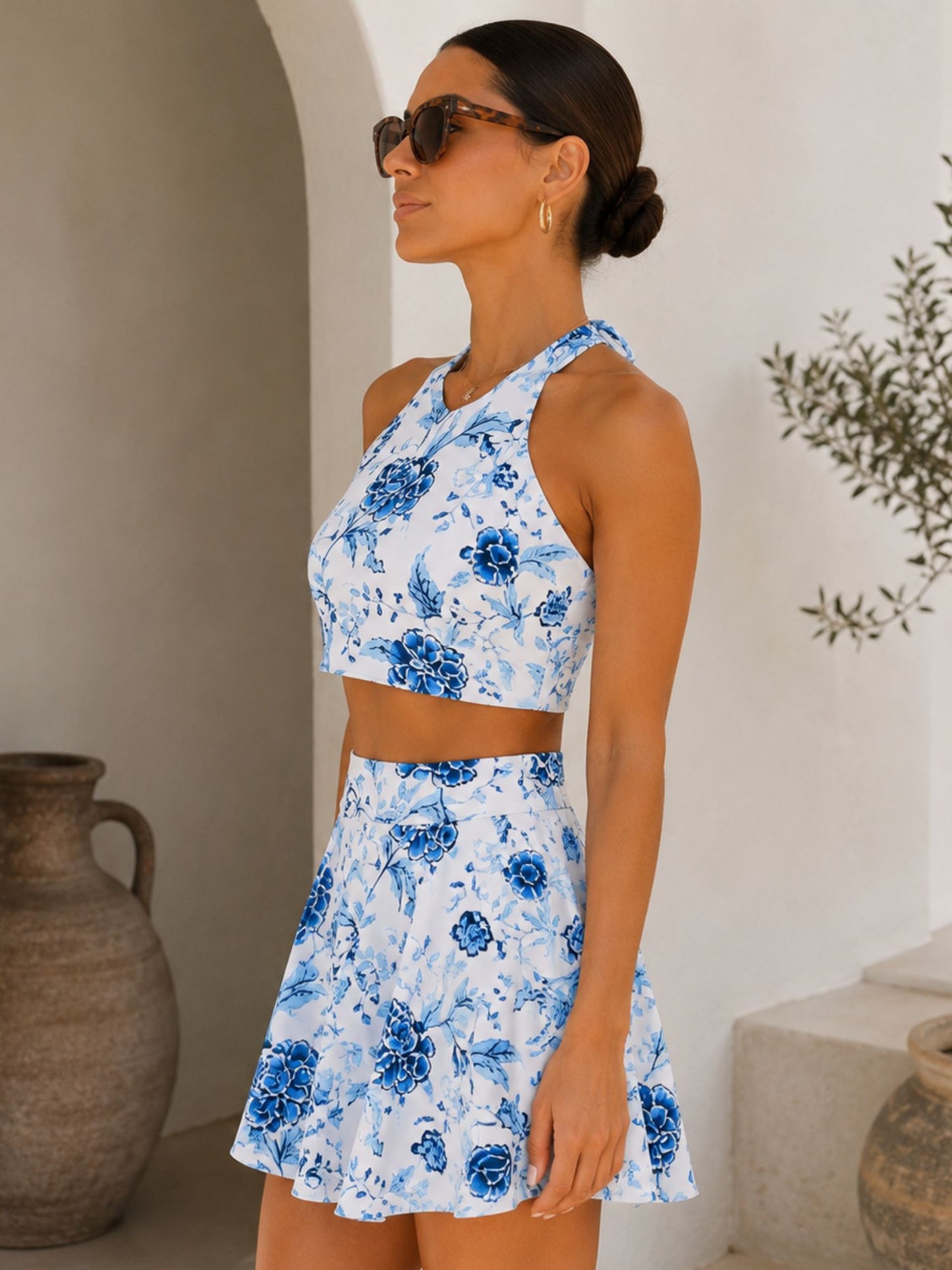 Blue Porcelain Floral Halter Skirted Swimsuit Set