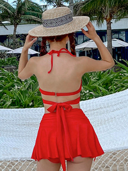 Vibrant Red Halter Swim Set with Flared Skirt