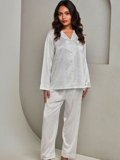 White Ice Silk Soft Shirt and Pants Sleepwear Set