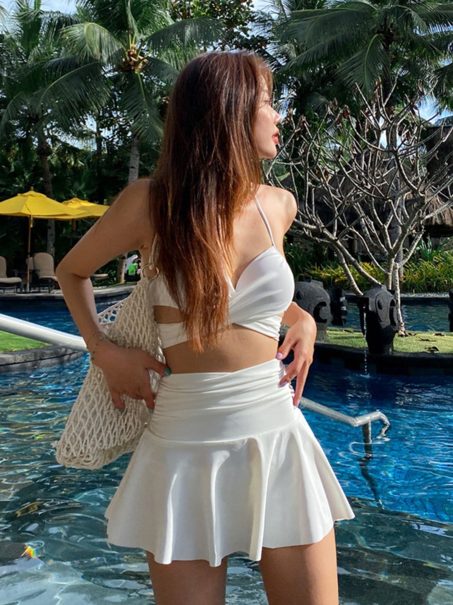 Calm White Halter Swim Set with Flared Skirt