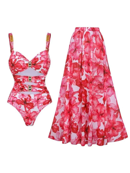 Elegant Red Floral Monokini with Cover-Up