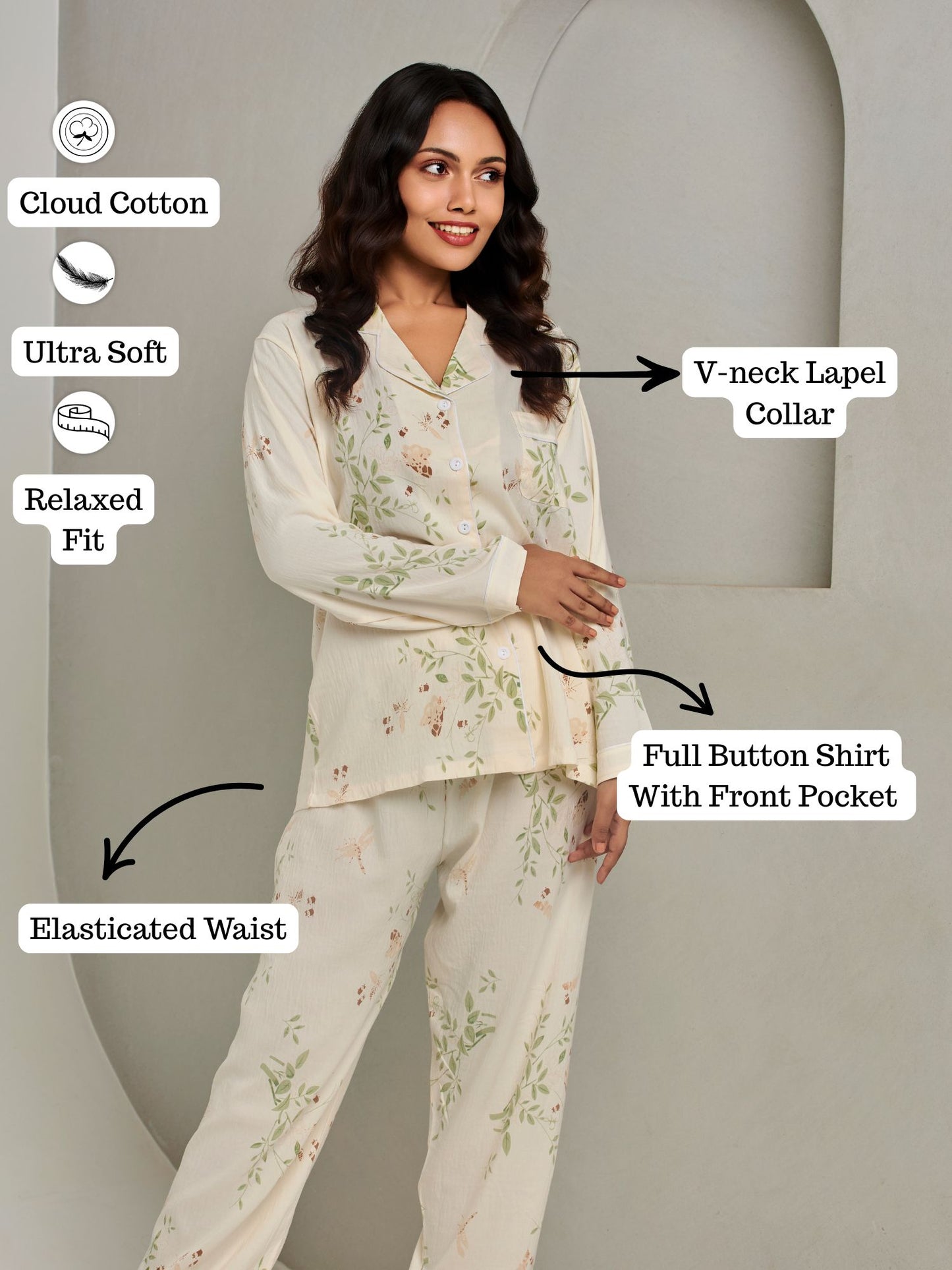 Subtle Beige Floral Printed Pajama Set For Women