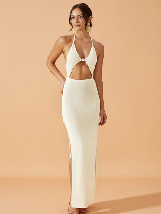 Azure Breeze Crochet Halter Maxi Dress