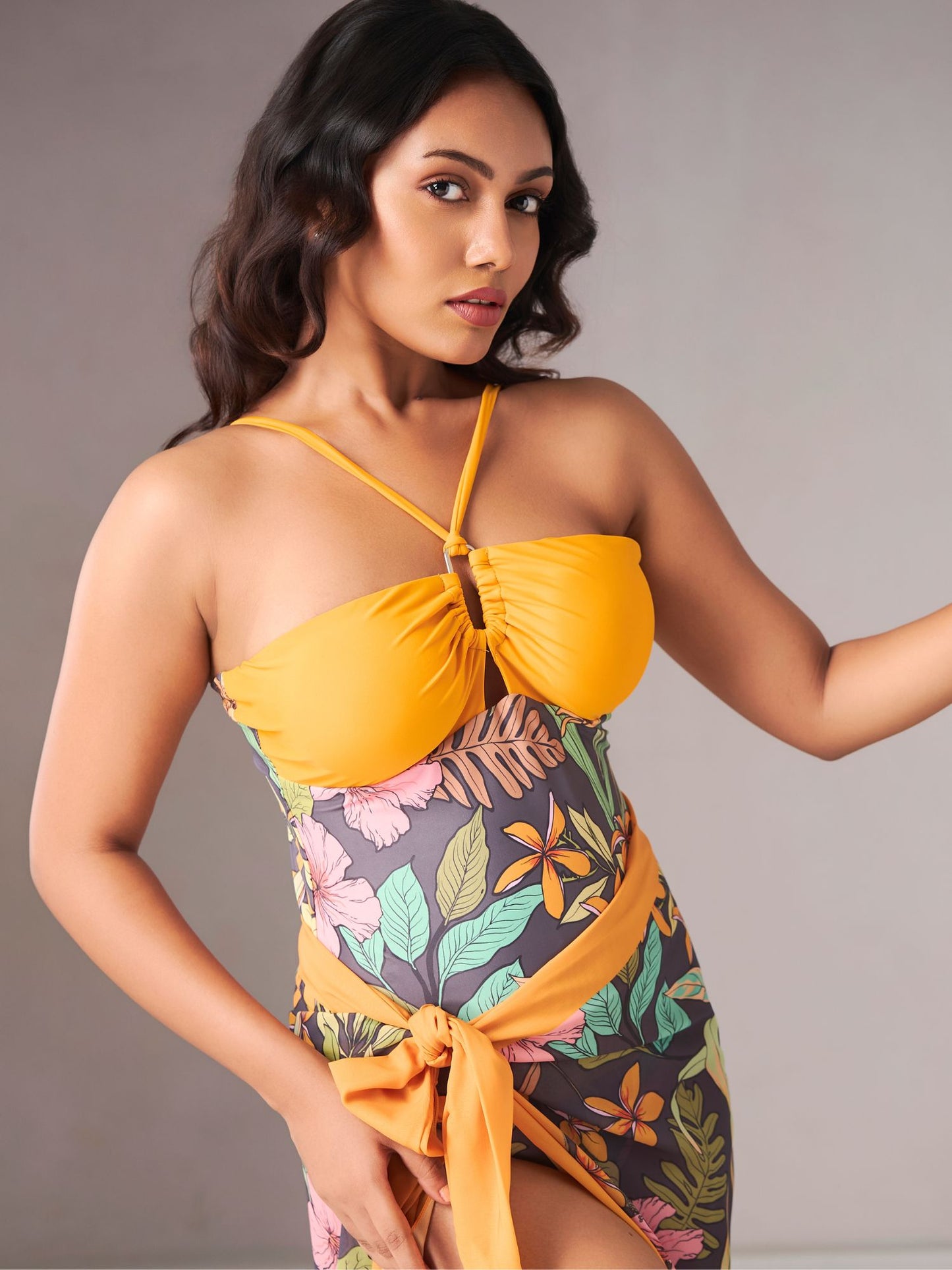 Mango Yellow Tropical Print Monokini with Sarong