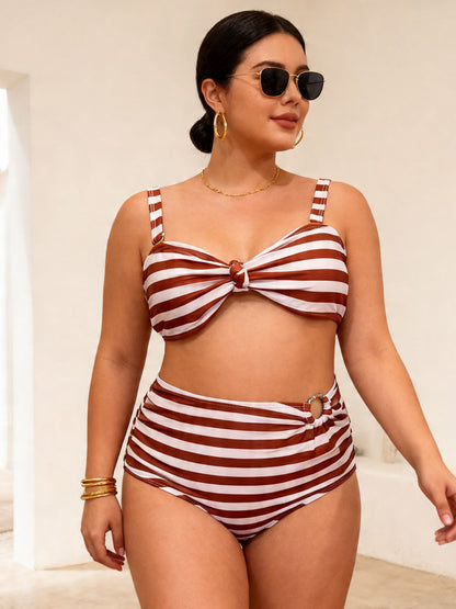 Brown Abstract High-Waist Bikini Set With Sheer Kimono Cover-Up