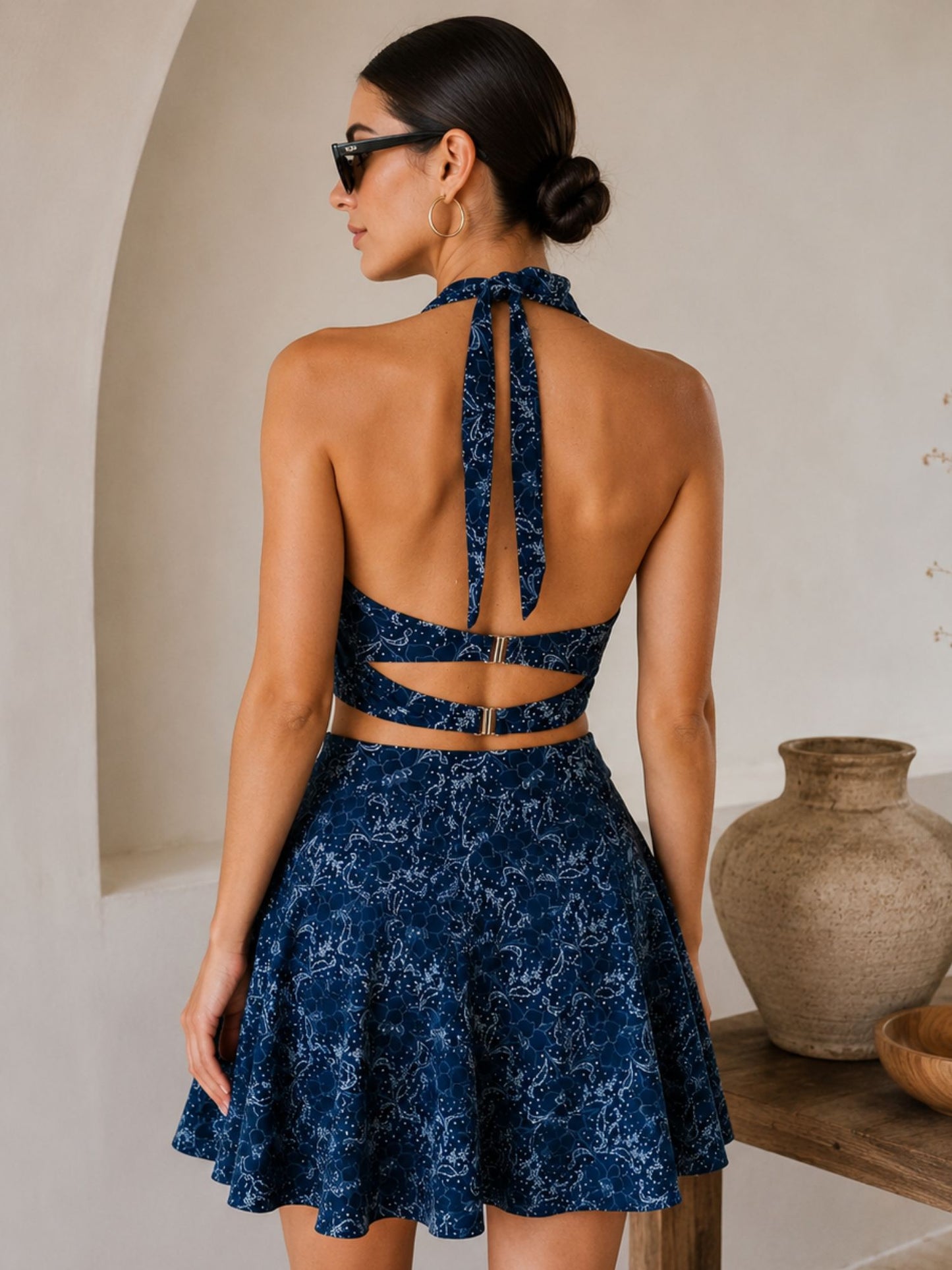 Midnight Botanical Halter Skirted Swimsuit Set
