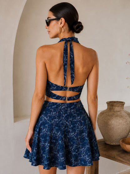 Midnight Botanical Halter Skirted Swimsuit Set