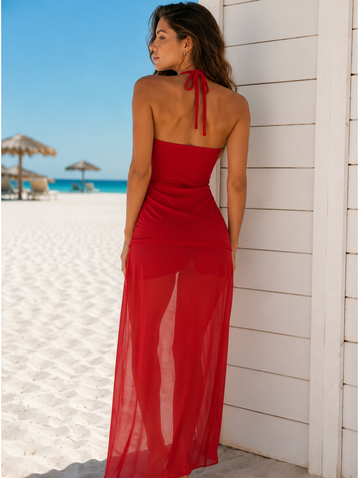 Strapless Red Mesh High-Slit Bodycon Swim Dress
