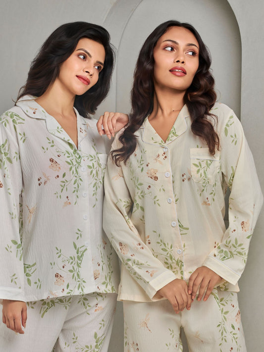 Subtle Beige Floral Printed Pajama Set For Women