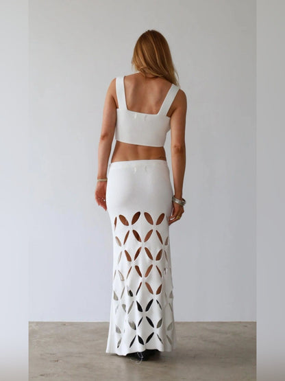 Chic White Cut-Out Maxi Skirt with Crop Top