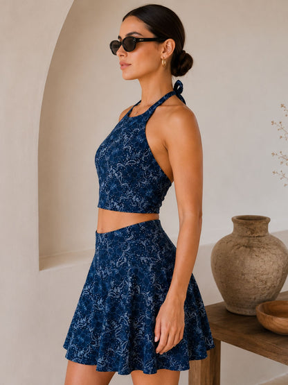 Midnight Botanical Halter Skirted Swimsuit Set