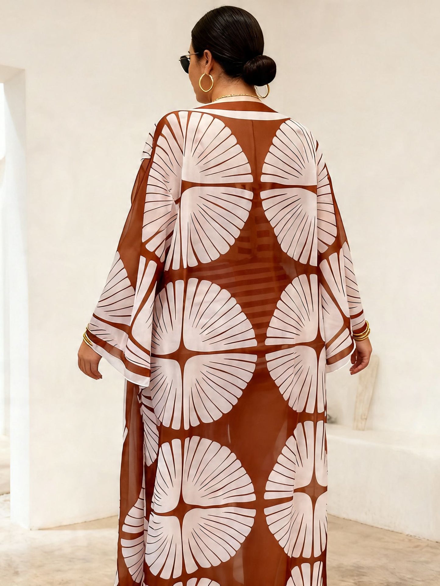 Brown Abstract High-Waist Bikini Set With Sheer Kimono Cover-Up