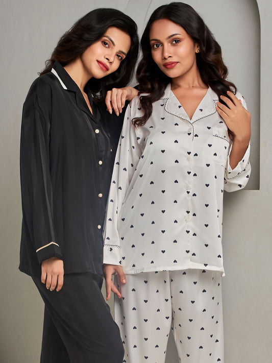 Black Striped Shirt and Pant Style Sleepwear Set