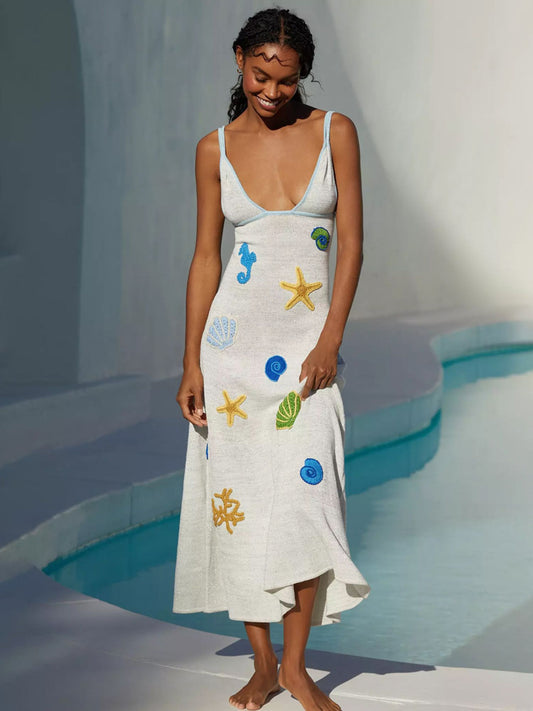 Seashell Embroidered White Cover-up Dress