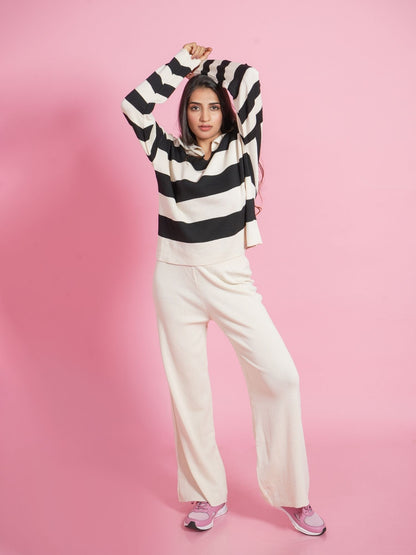 Black and White V-neck Collar Loungewear Set