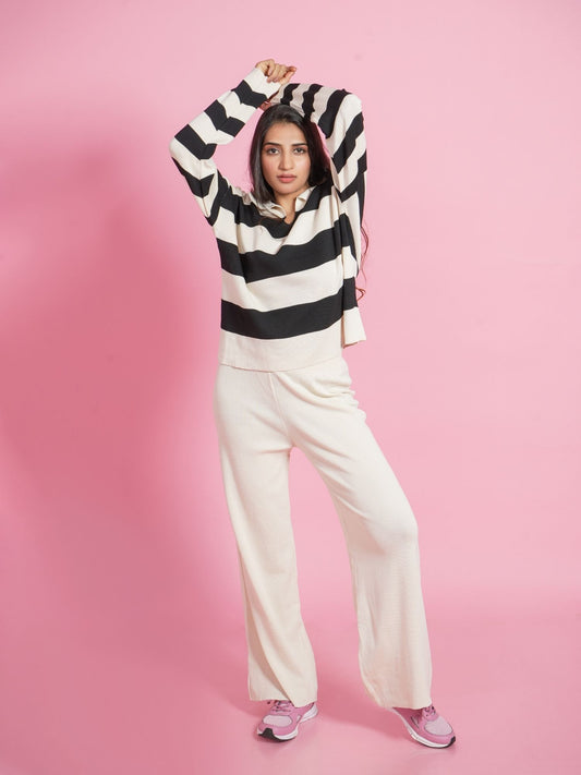Black and White V-neck Collar Loungewear Set