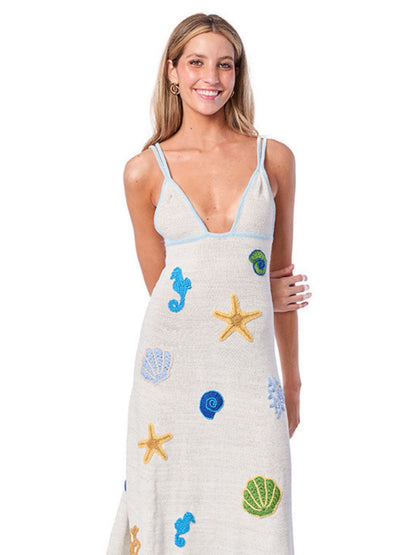 Seashell Embroidered White Cover-up Dress