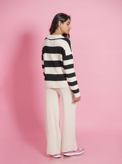 Black and White V-neck Collar Loungewear Set
