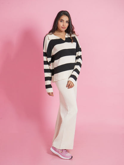 Black and White V-neck Collar Loungewear Set