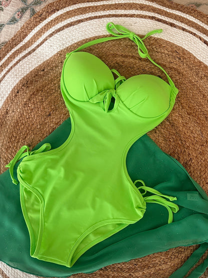 Neon Green Cut-Out Monokini with Tie-Up Sarong