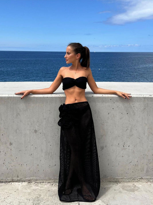 Elegant Black Beachwear Top and Skirt Set