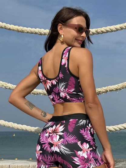 Pink Tropical Print Sports Bikini Set
