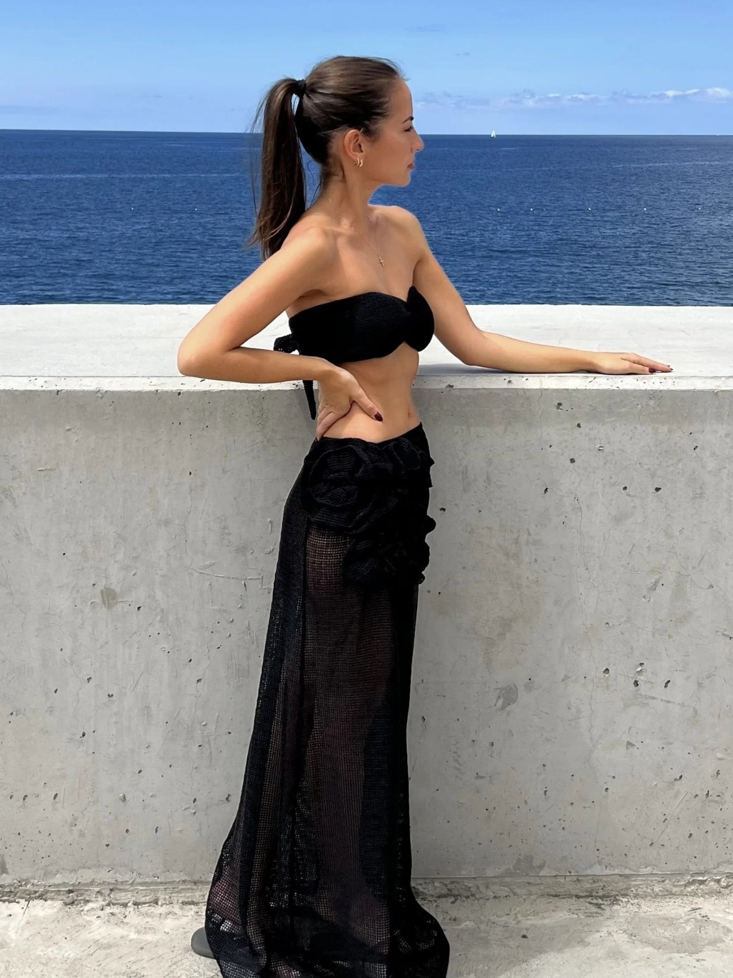 Elegant Black Beachwear Top and Skirt Set
