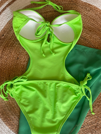 Neon Green Cut-Out Monokini with Tie-Up Sarong