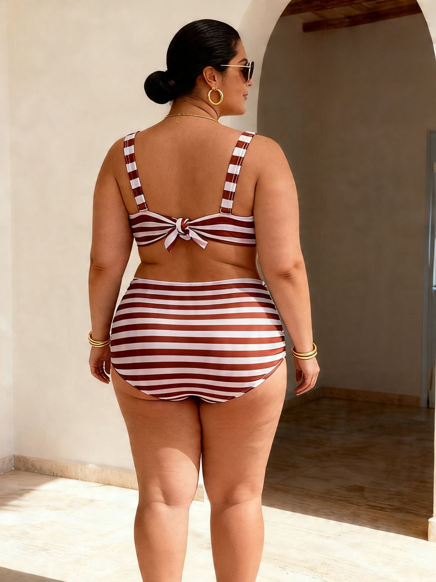 Brown Abstract High-Waist Bikini Set With Sheer Kimono Cover-Up