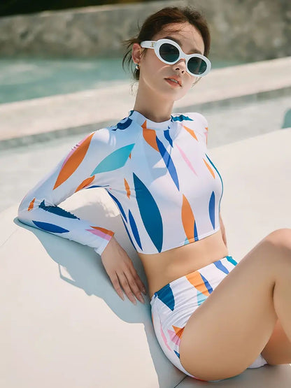 Sunset Leaf High-Waist Long-Sleeve Rash Guard Bikini Set
