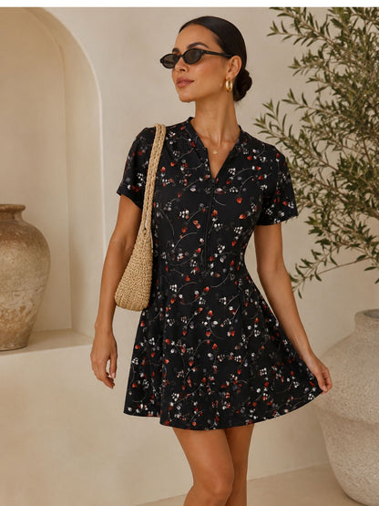 Black Floral V-Neck Swimdress