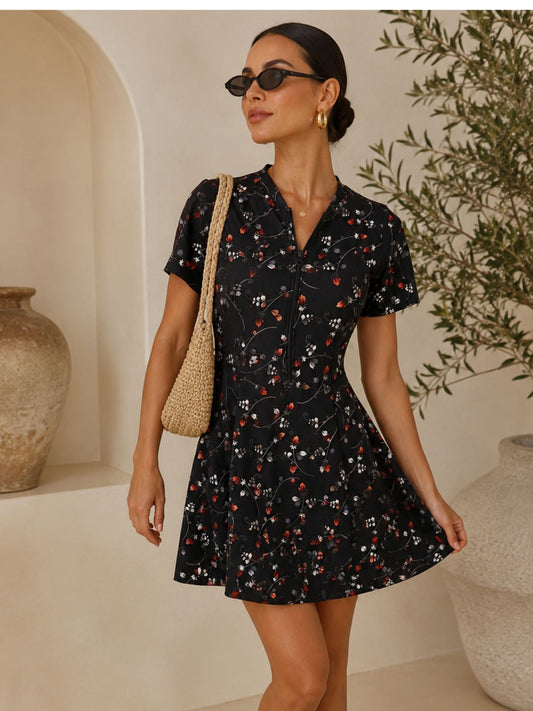 Black Floral V-Neck Swimdress