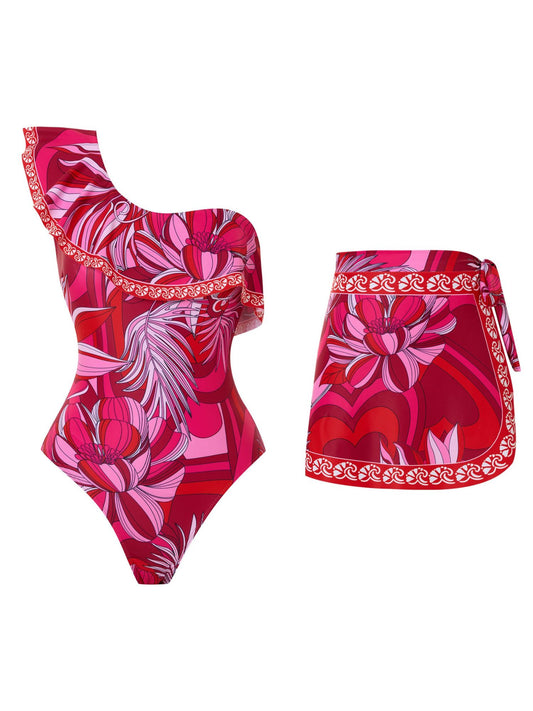 Red Floral One-Shoulder Monokini