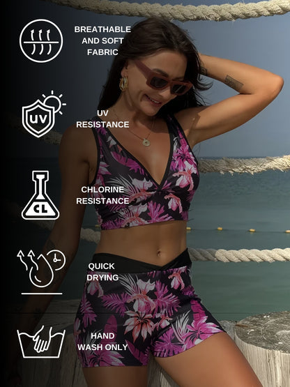 Pink Tropical Print Sports Bikini Set