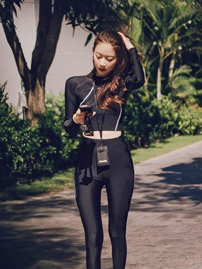 Sleek Black Long-Sleeve Rash Guard Set with Leggings