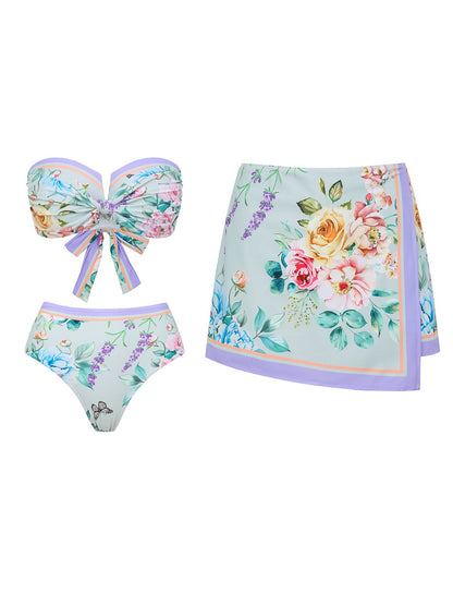 Pastel Bloom Bandeau Bikini Set And Skirt