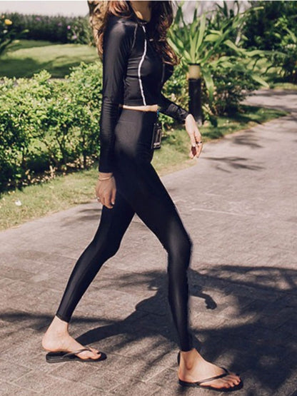 Sleek Black Long-Sleeve Rash Guard Set with Leggings