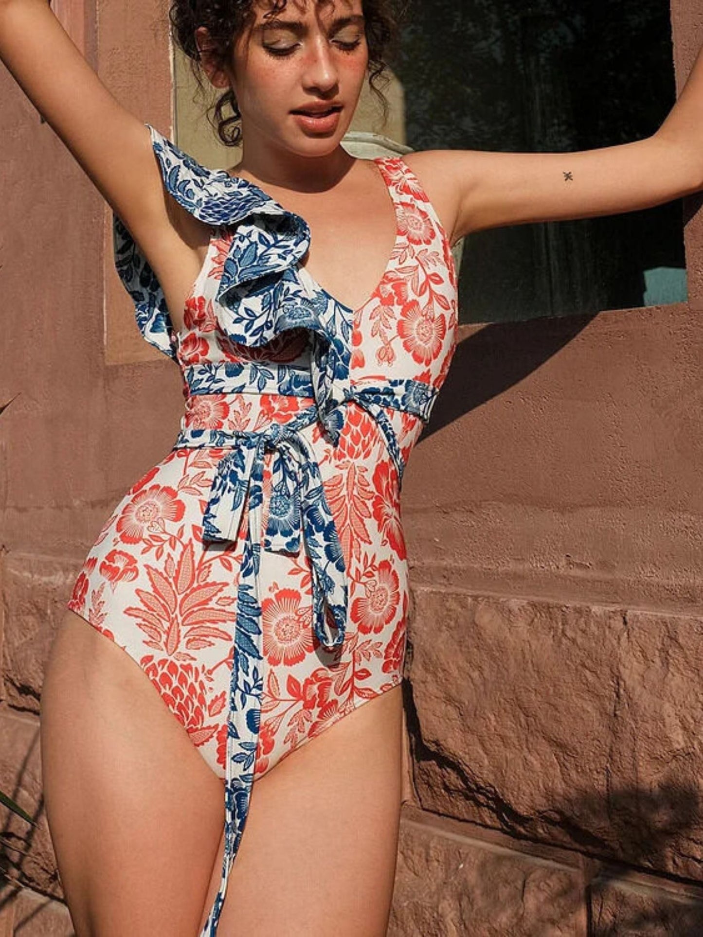 Floral Print Ruffle Monokini With Tie-Up Belt