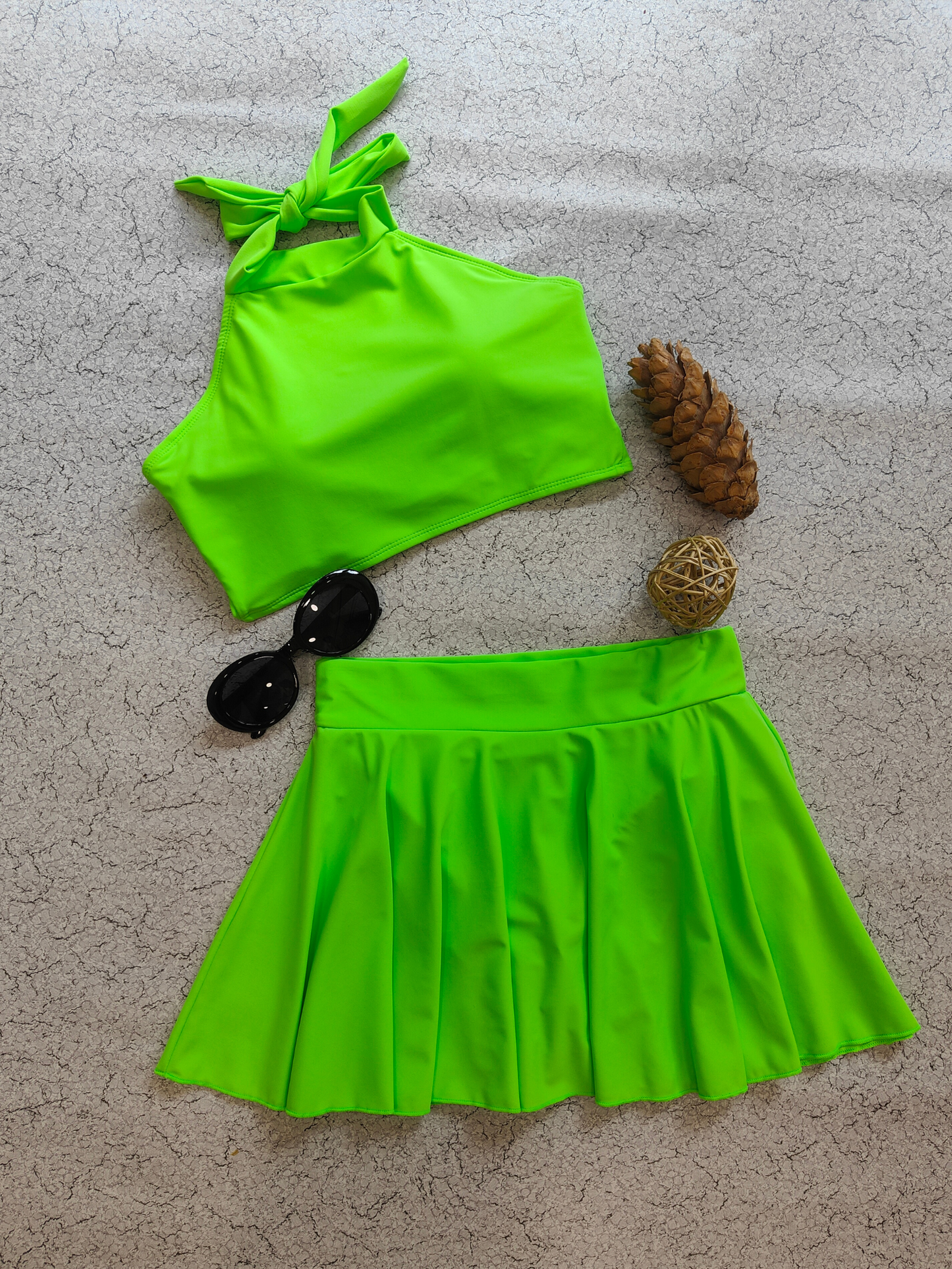 Neon Green Halter Bikini & Skirt Set
