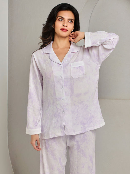 Pure Purple Cotton Shirt And Pant Sleepwear Set