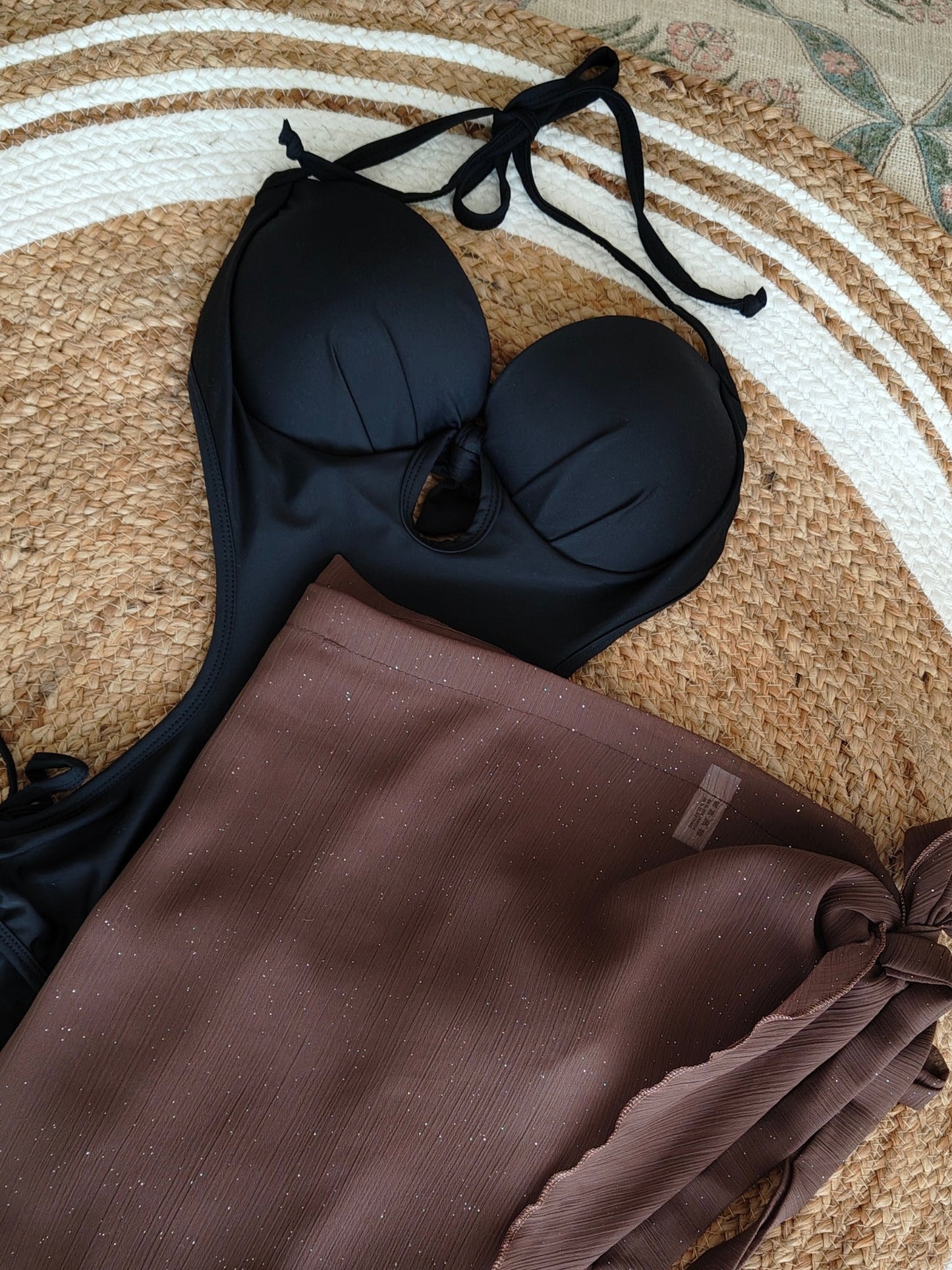 Classic Black Monokini with Shimmering Brown Sarong
