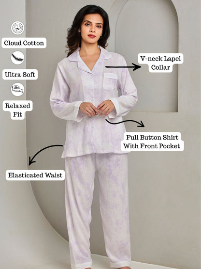 Pure Purple Cotton Shirt And Pant Sleepwear Set