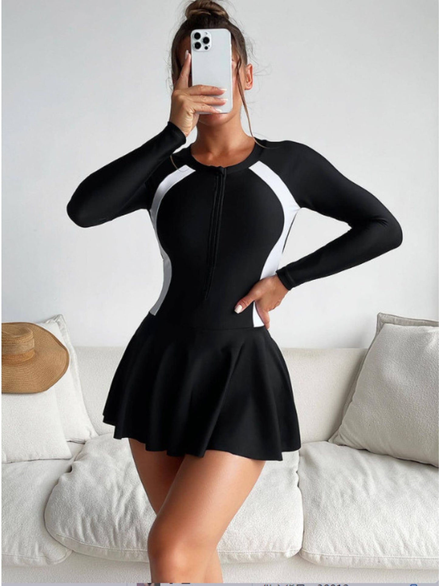 Long Sleeve Black & White Athletic Swimsuit