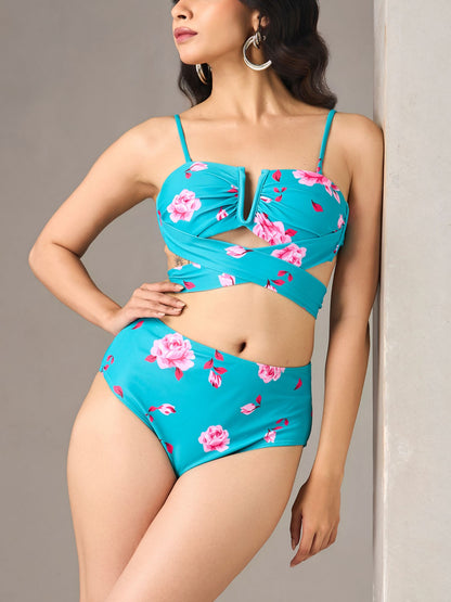 Teal Floral Bikini Set