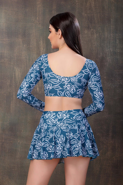 Nautical Bloom Long-Sleeve Swim Set with Skirted Bottom