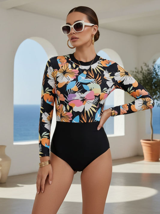 Tropical Floral Long Sleeve Rashguard Swimsuit