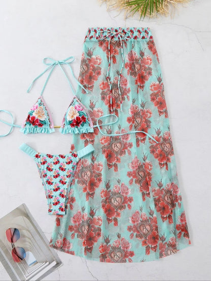 V-Neck Top And Bikini Bottom Swimwear With Cover Up